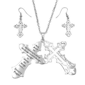Serenity Prayer Long Silver Tone Filigree Cross Necklace Earrings Set